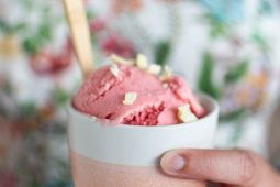 Aardbeienijs maken met de ijsmachine (met stukjes witte chocolade)