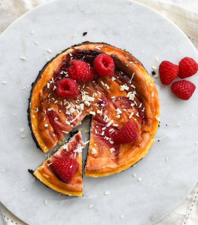 Witte chocolade cheesecake met framboos & Oreo (American style)